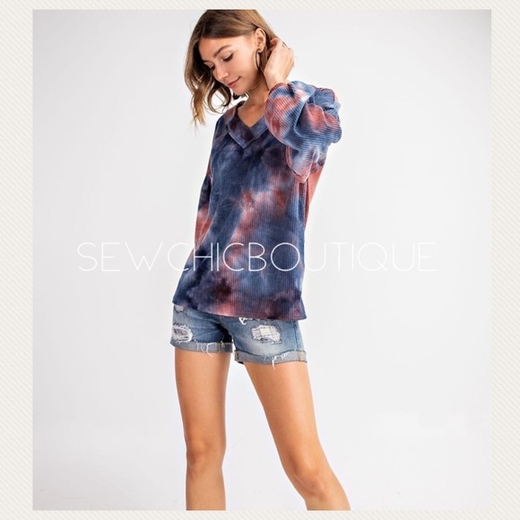 Tie Dye Waffle V-Neck Knit Top w Balloon Slvs - Picture 5 of 8